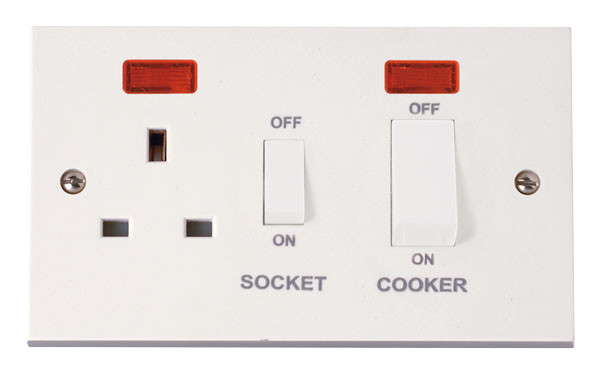 45A 2 Gang Double Pole Switch With 13A Double Pole Switched Socket Outlet, White Rockers & Neons
