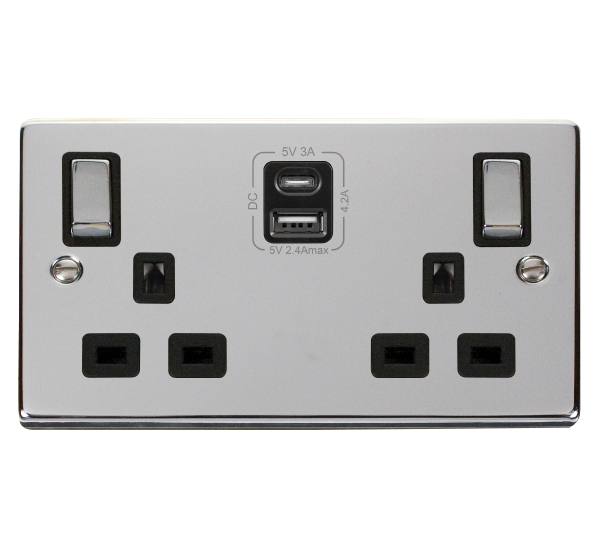 13A Ingot 2 Gang Switched Safety Shutter Socket Outlet With Type A & C USB (4.2A) Outlets