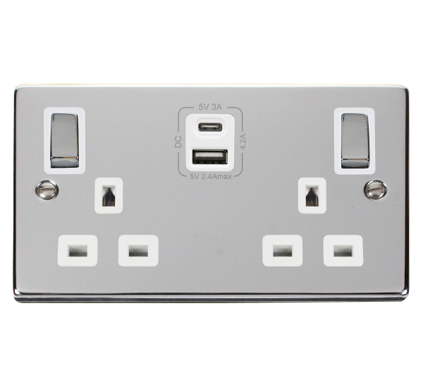 13A Ingot 2 Gang Switched Safety Shutter Socket Outlet With Type A & C USB (4.2A) Outlets